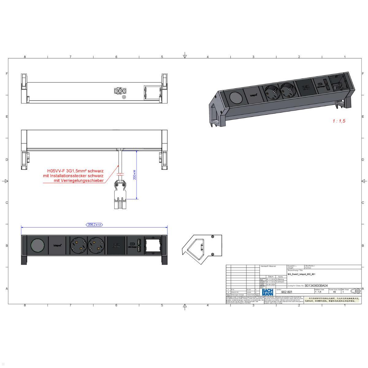 Bachmann Desk 2 - 2x Steckdose mit iotspot, USB-Charger A/A, Custom Modul, Maße
