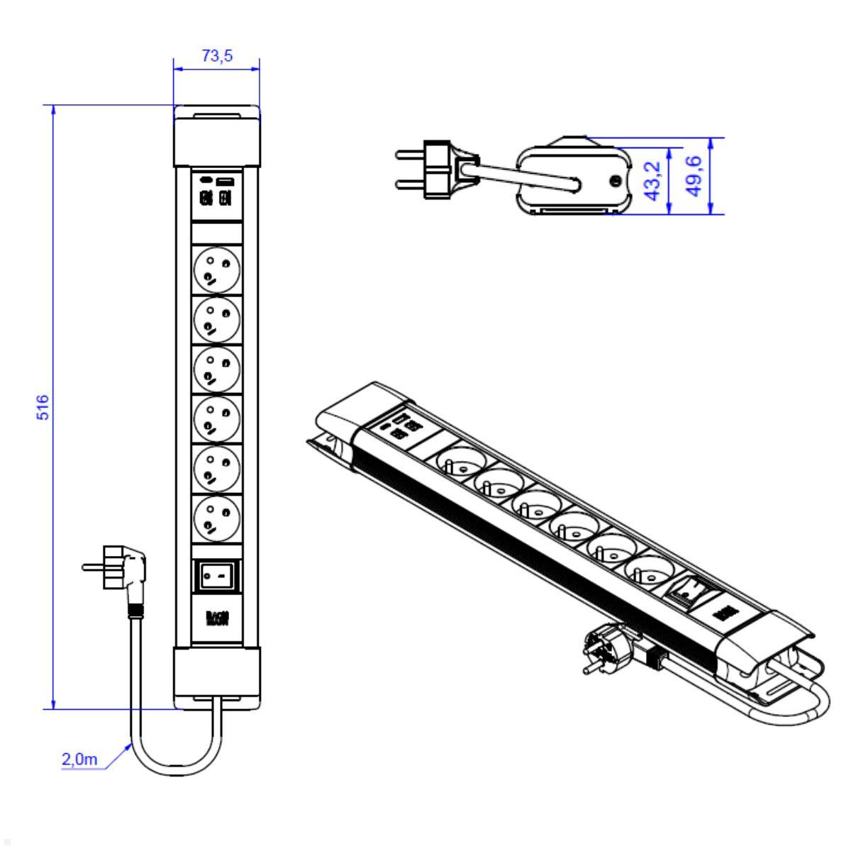 Bachmann CONNECTUS 6x UTE Steckdose, 1x USB A/C, 1x Schalter, schwarz (BM005941), Maße