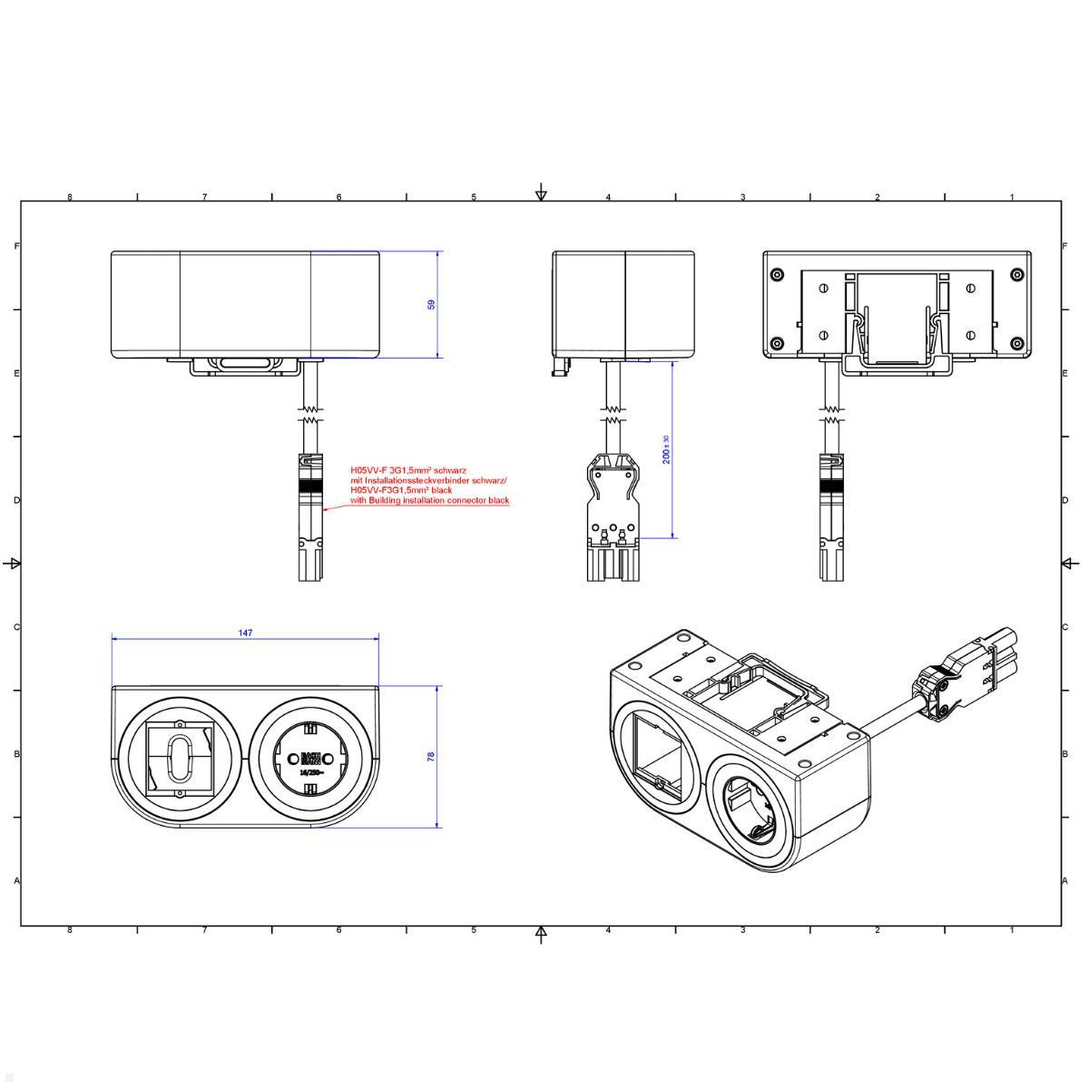 Bachmann PIX HOLDER DOUBLE Steckdose für Möbel mit 1x CEE7/3, 1x CM, 0,2m GST18 (BM0020105), Anschlussfeld Wohnbereich