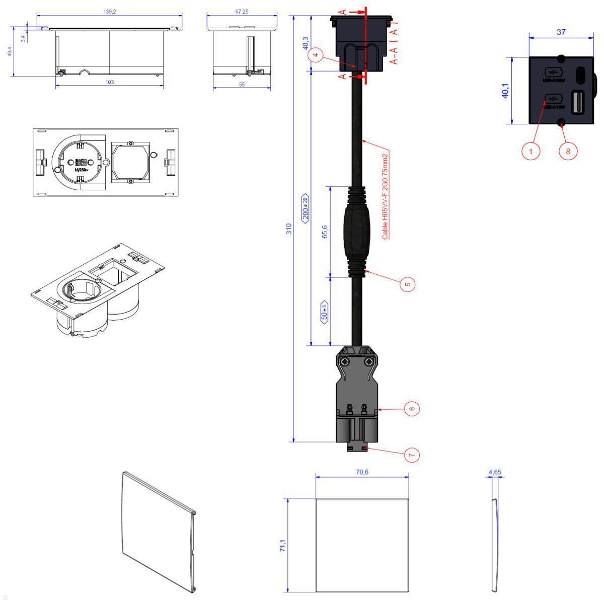 USB Steckdose USB-A USB-C Einbau Ladegerät Schwarz - Isodose, Abdeckung,  Rahmen