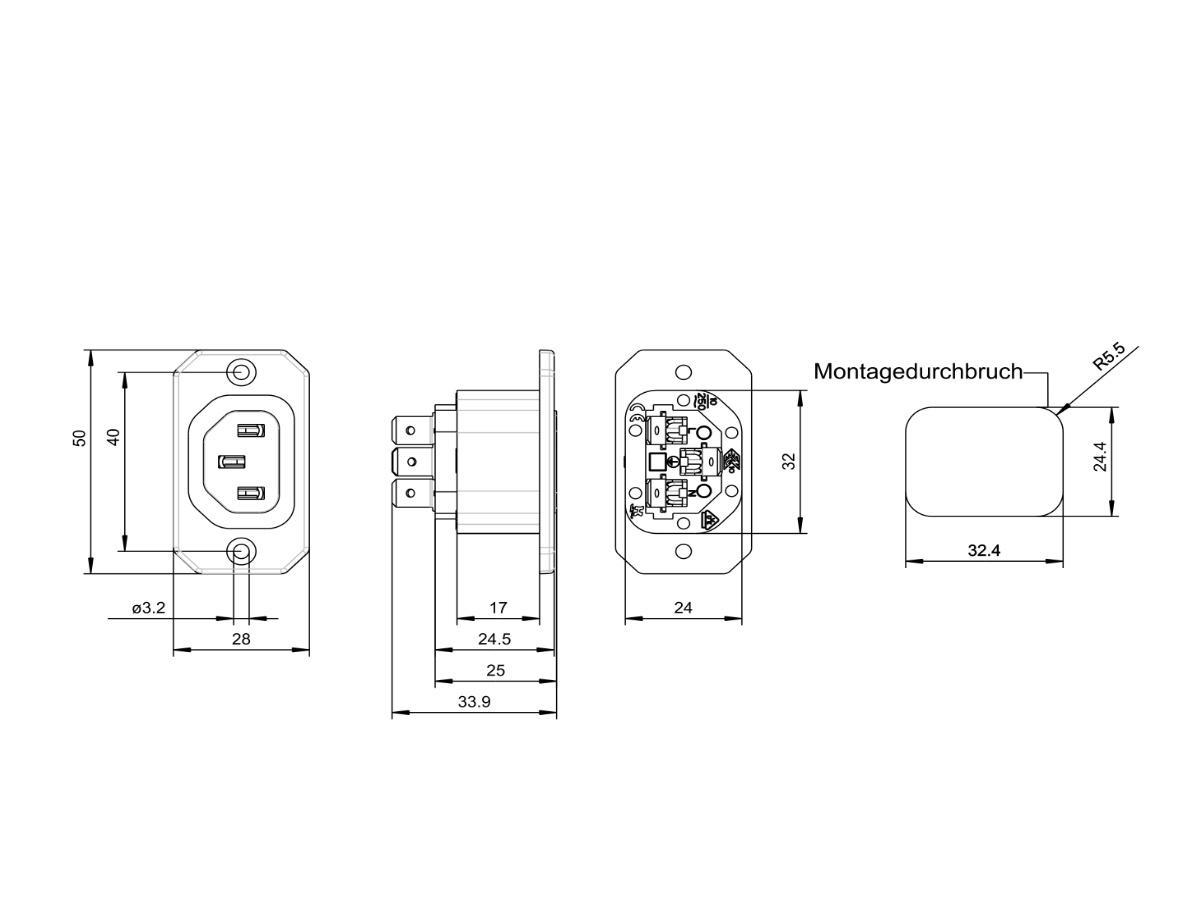 Bachmann Kaltgeräte Einbaudose, schwarz (917.171) technische Zeichnung Bachmann Kaltgeräte Einbaudose, schwarz (917.171) technische Zeichnung