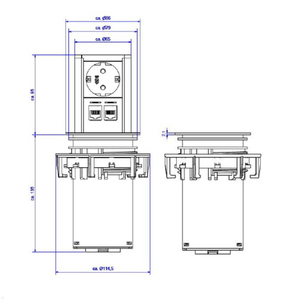 Bachmann ELEVATOR versenkbare Steckdose mit 2x CAT6A (928.0040), Skizze Bachmann ELEVATOR versenkbare Steckdose mit 2x CAT6A (928.0040), Skizze