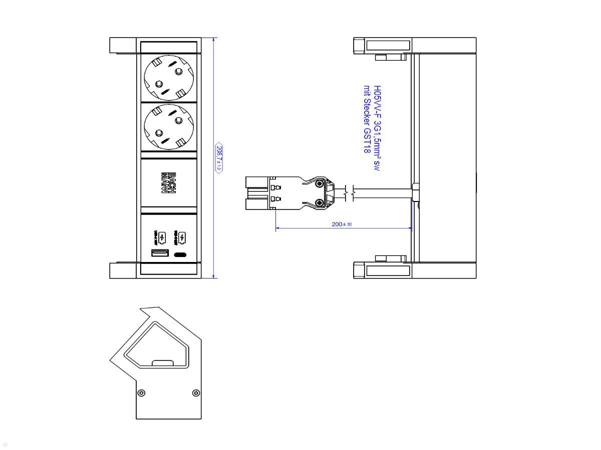 Bachmann DESK 2, 2x Steckdose, 1 USB-C / 1 USB-A Charger (902.932), weiß technische Zeichnung Bachmann DESK 2, 2x Steckdose, 1 USB-C / 1 USB-A Charger (902.932), weiß technische Zeichnung