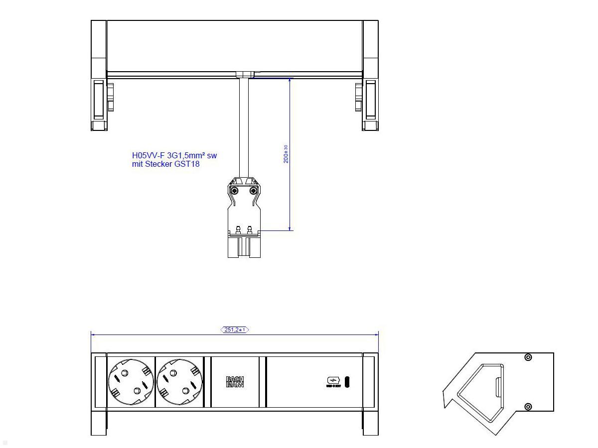 Bachmann DESK 2, 2x Steckdose, 1 USB-C Charger 60 W (902.934) weiß, techn. Zeichnung Bachmann DESK 2, 2x Steckdose, 1 USB-C Charger 60 W (902.934) weiß, techn. Zeichnung