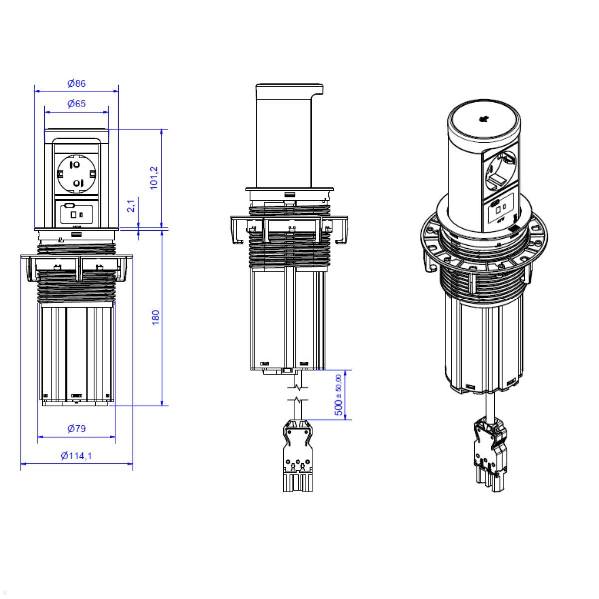Bachmann ELEVATOR 2 versenkbare Ladesteckdose Schwarz matt – Anschlussleitung