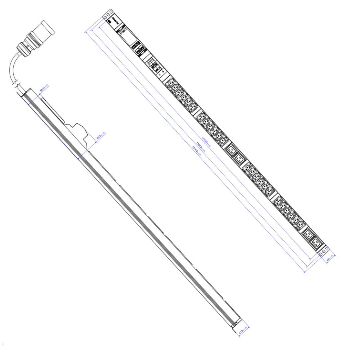 Bachmann BN ESSENTIAL Metered - 32/3p Rack PDU mit 24xC13, 4xC19, 2xMCB mit Display (BM0024226), Zeichnung