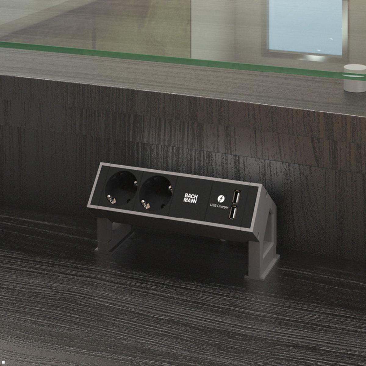 Bachmann DESK 2 2x Steckdose 1x USB-Charger A/C 1x CM (902.965), schwarz, Anwendungsbeispiel, Abb. ähnlich Bachmann DESK 2 2x Steckdose 1x USB-Charger A/C 1x CM (902.965), schwarz, Anwendungsbeispiel, Abb. ähnlich