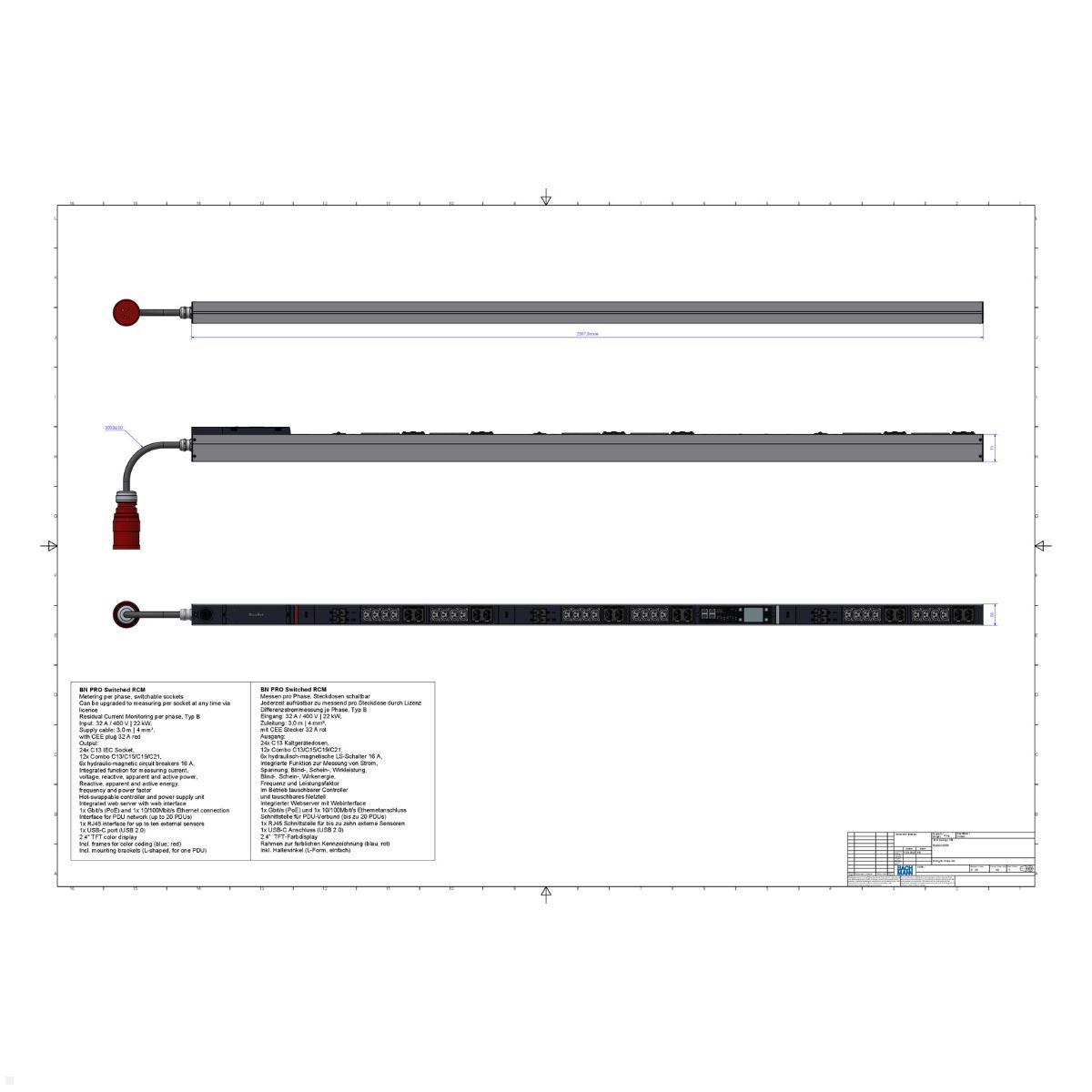 Bachmann BN PRO S Switched RCM - 32A Rack PDU mit 24xC13 12xCombo 6xMCB, 3,0m CEE 32A/5p (BM0024785), C13 Combo MCB Rack PDU