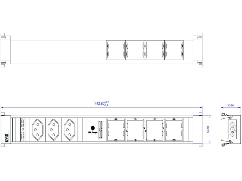 Bachmann CONFERENCE / TOP FRAME 8-fach 3x CH T13, 1x USB-Charger, 4x CM (909.0172) Zeichnung Bachmann CONFERENCE / TOP FRAME 8-fach 3x CH T13, 1x USB-Charger, 4x CM (909.0172) Zeichnung