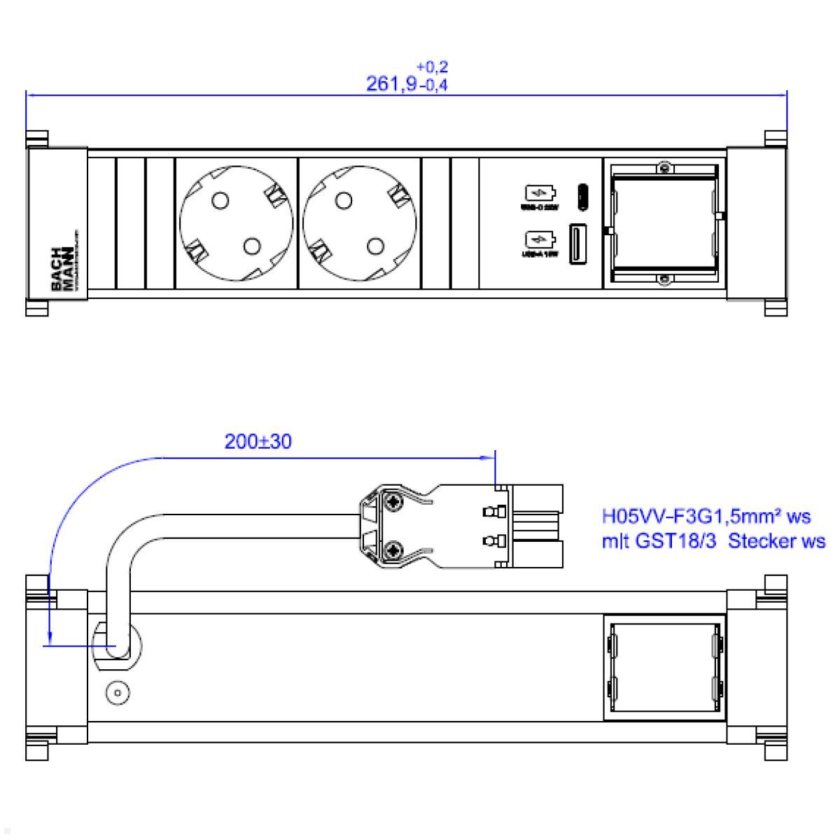 Bachmann Power Frame 4-fach 2x Steckdose 1x USB A/C 1x CM, weiß (916.702), technische Zeichnung Bachmann Power Frame 4-fach 2x Steckdose 1x USB A/C 1x CM, weiß (916.702), technische Zeichnung