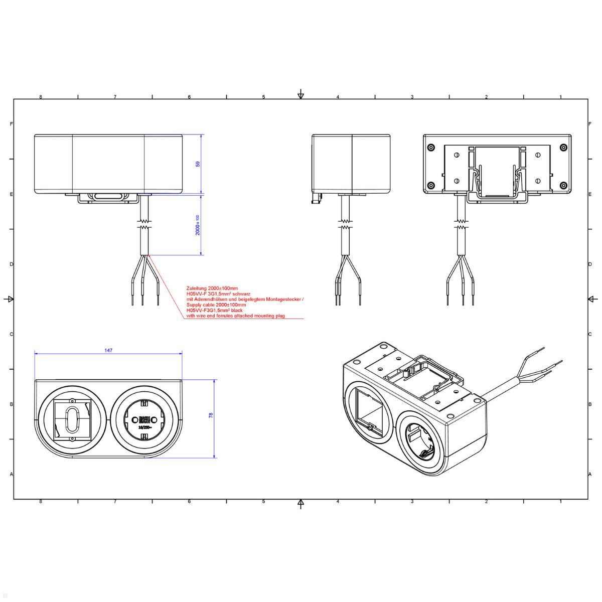 Bachmann PIX HOLDER DOUBLE Steckdose für Möbel mit 1x CEE7/3, 1x CM, 2m Zuleitung (BM0020102), Befestigung Möbel