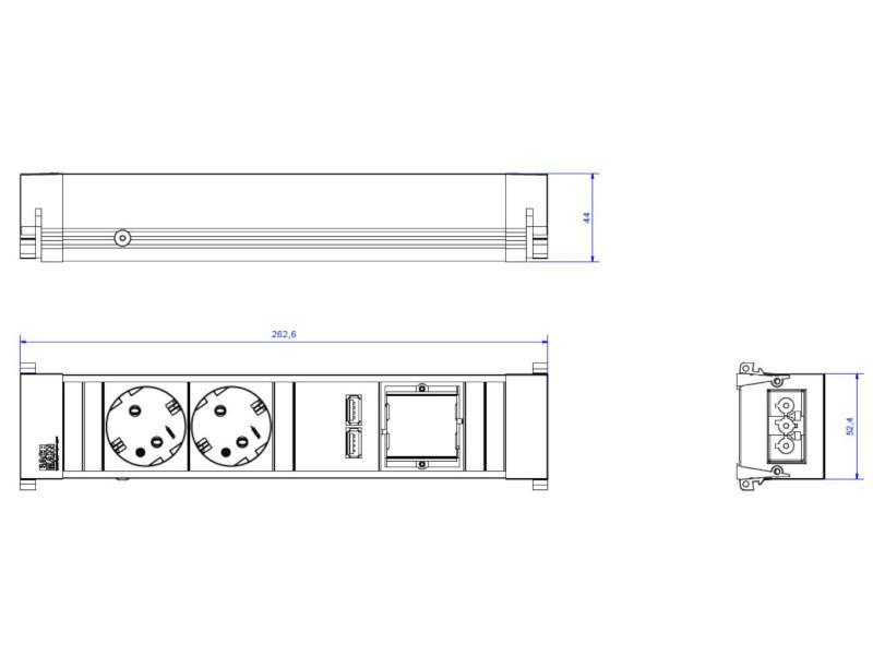 Bachmann CONFERENCE / TOP FRAME 4-fach 2x Steckdose, 1x CM, 1x USB (909.0056) Zeichnung Bachmann CONFERENCE / TOP FRAME 4-fach 2x Steckdose, 1x CM, 1x USB (909.0056) Zeichnung