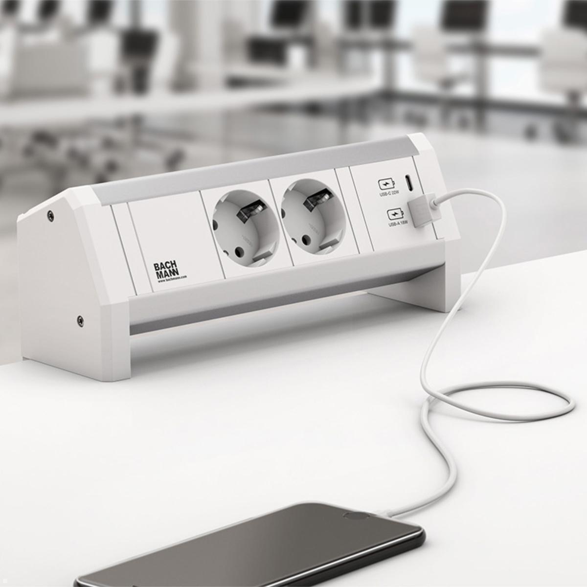 Bachmann DESK 1 2x Steckdose mit USB-Charger A/C (902.0811), Anwendungsbeispiel, Abb. ähnlich Bachmann DESK 1 2x Steckdose mit USB-Charger A/C (902.0811), Anwendungsbeispiel, Abb. ähnlich