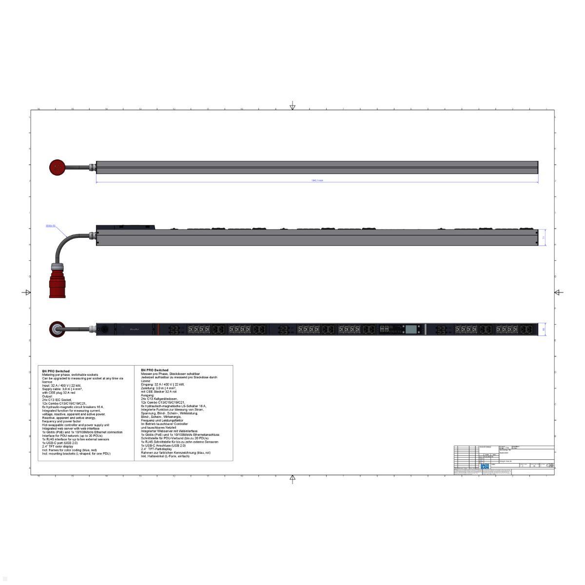 Bachmann BN PRO S Switched - 32A Rack PDU mit 24xC13 12xCombo 6xMCB, 3,0m CEE 32A/5p (BM0024781), C13 Combo MCB PDU