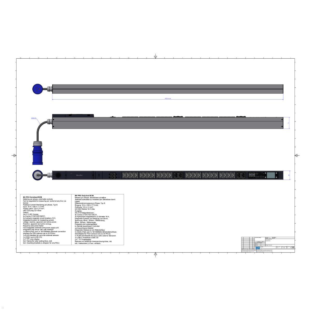 Bachmann BN PRO S Switched RCM - 32A Rack PDU mit 24xC13 4xCombo 2xMCB, 3,0m CEE 32A/3p (BM0024779), Switched RCM PDU 32A