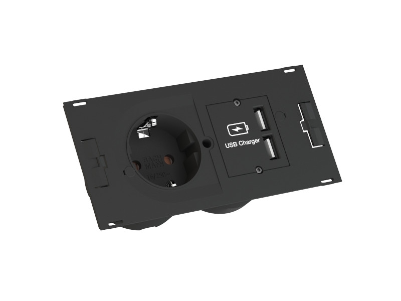 Einbausteckdose mit USB A/C, Deckel schwarz Bachmann DUE