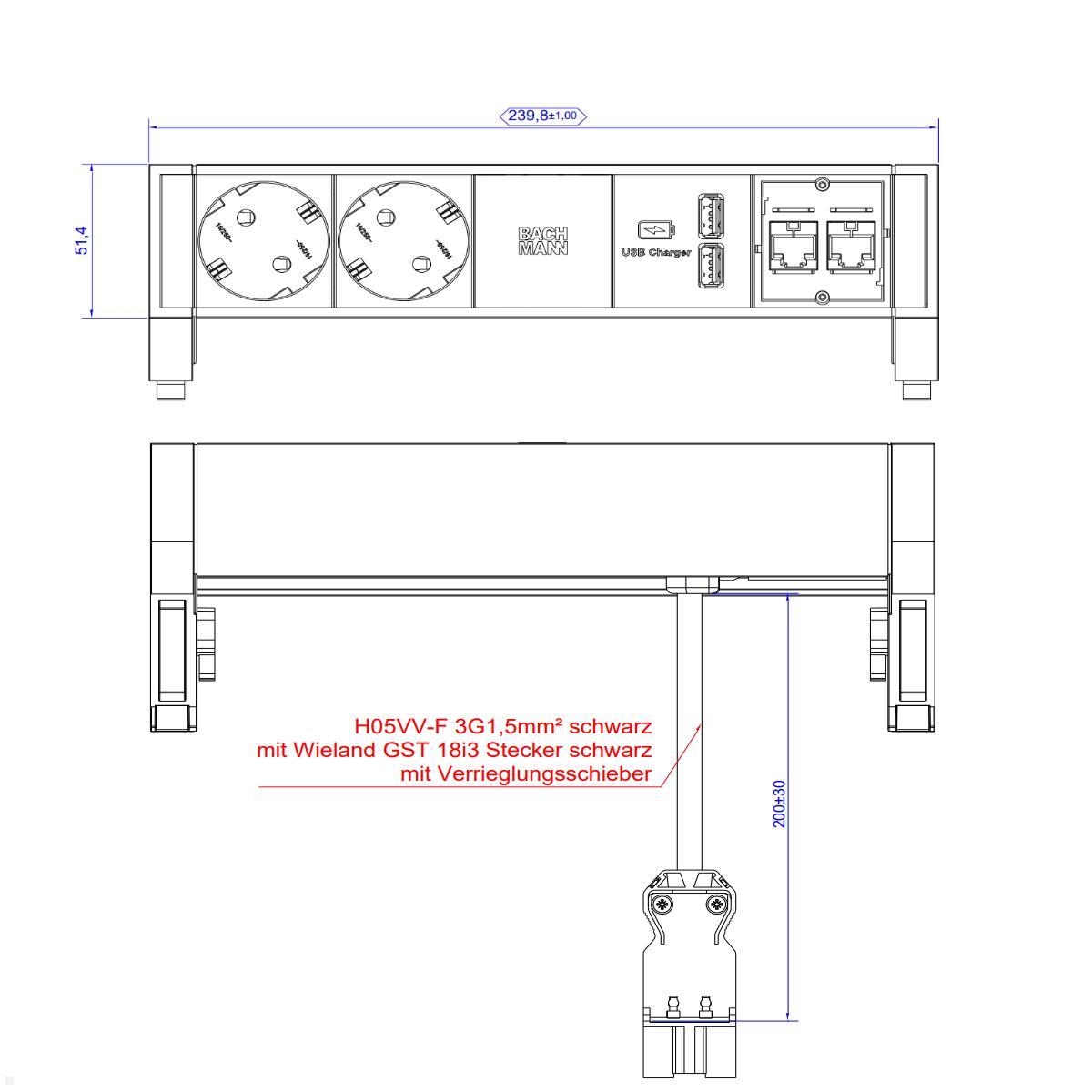 Bachmann DESK 2 2x Steckdose 2x USB Charger 2x CAT6a (902.358), Maße Bachmann DESK 2 2x Steckdose 2x USB Charger 2x CAT6a (902.358), Maße