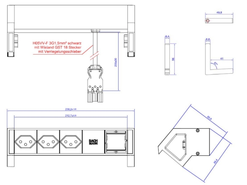 Bachmann DESK 2 3x Steckdose CH, 1x Custom Modul, weiß (902.208) Maße Bachmann DESK 2 3x Steckdose CH, 1x Custom Modul, weiß (902.208) Maße