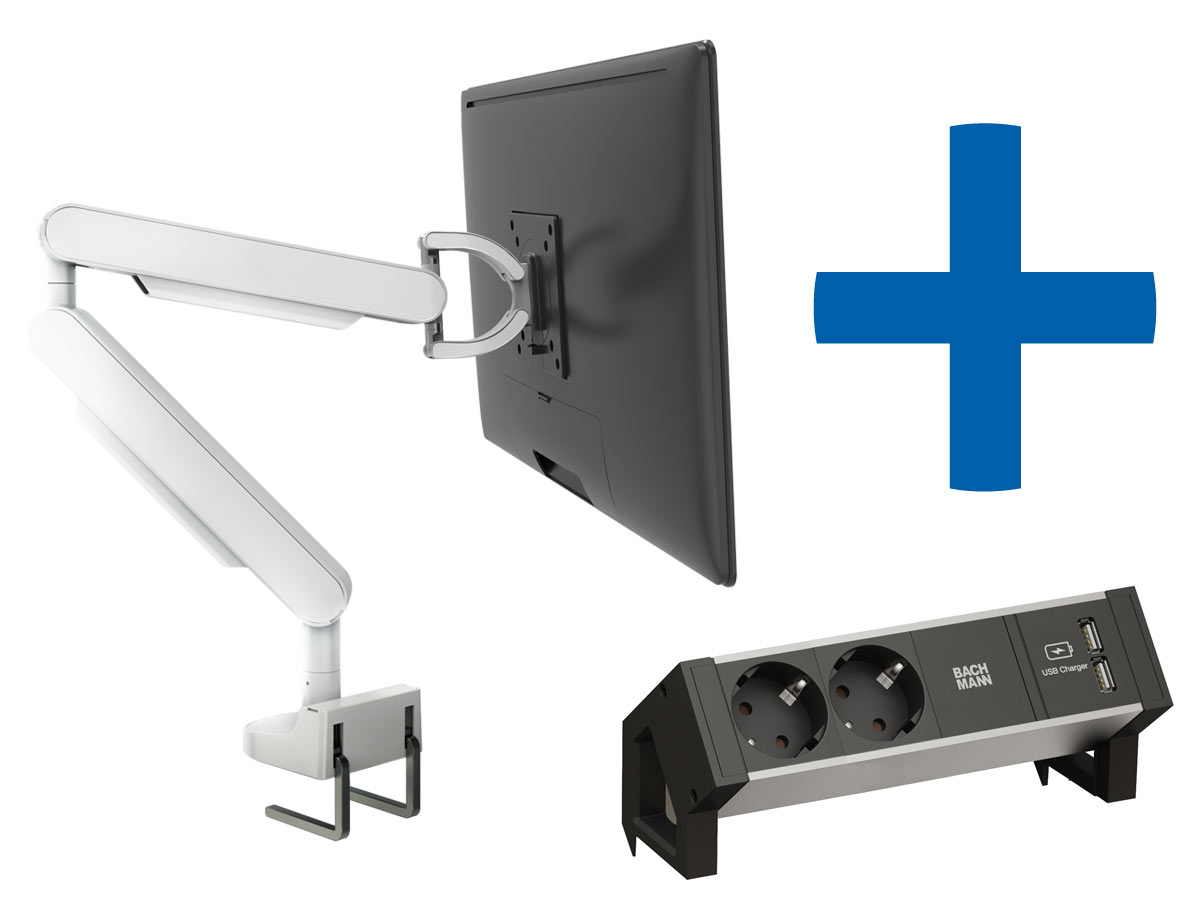 Bachmann ZG1 Monitorhalterung weiß + Desk 2 Alu BLACK Anschlussfeld Bachmann ZG1 Monitorhalterung weiß + Desk 2 Alu BLACK Anschlussfeld