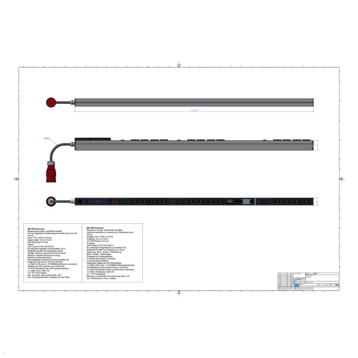 Bachmann BN PRO S Switched - 32A Rack PDU mit 24xCombo 6xMCB, 3,0m CEE 32A/5p (BM0024782), PDU 32A CEE 5-polig