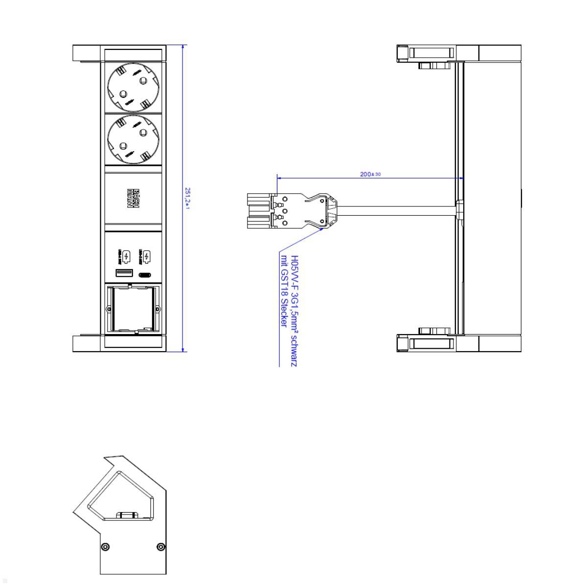 Bachmann DESK 2 2x Steckdose 1x USB-Charger A/C 1x CM (902.965), schwarz, Zeichnung Maße Bachmann DESK 2 2x Steckdose 1x USB-Charger A/C 1x CM (902.965), schwarz, Zeichnung Maße