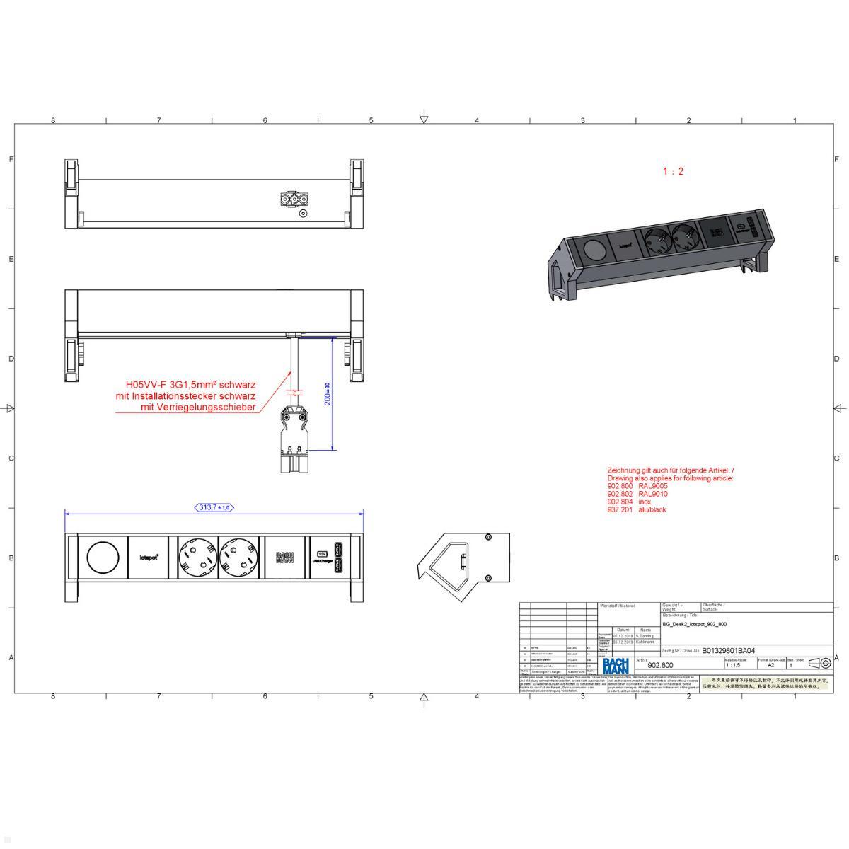 Bachmann Desk 2 - 2x Steckdose mit iotspot, USB-Charger A/A, Maße Bachmann Desk 2 - 2x Steckdose mit iotspot, USB-Charger A/A, Maße