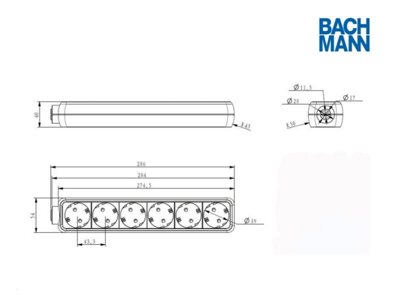 Bachmann SELLY 6-fach Steckdosenleiste mit 1,5m Zuleitung weiß 381.241S Zeichnung Bachmann SELLY 6-fach Steckdosenleiste mit 1,5m Zuleitung weiß 381.241S Zeichnung