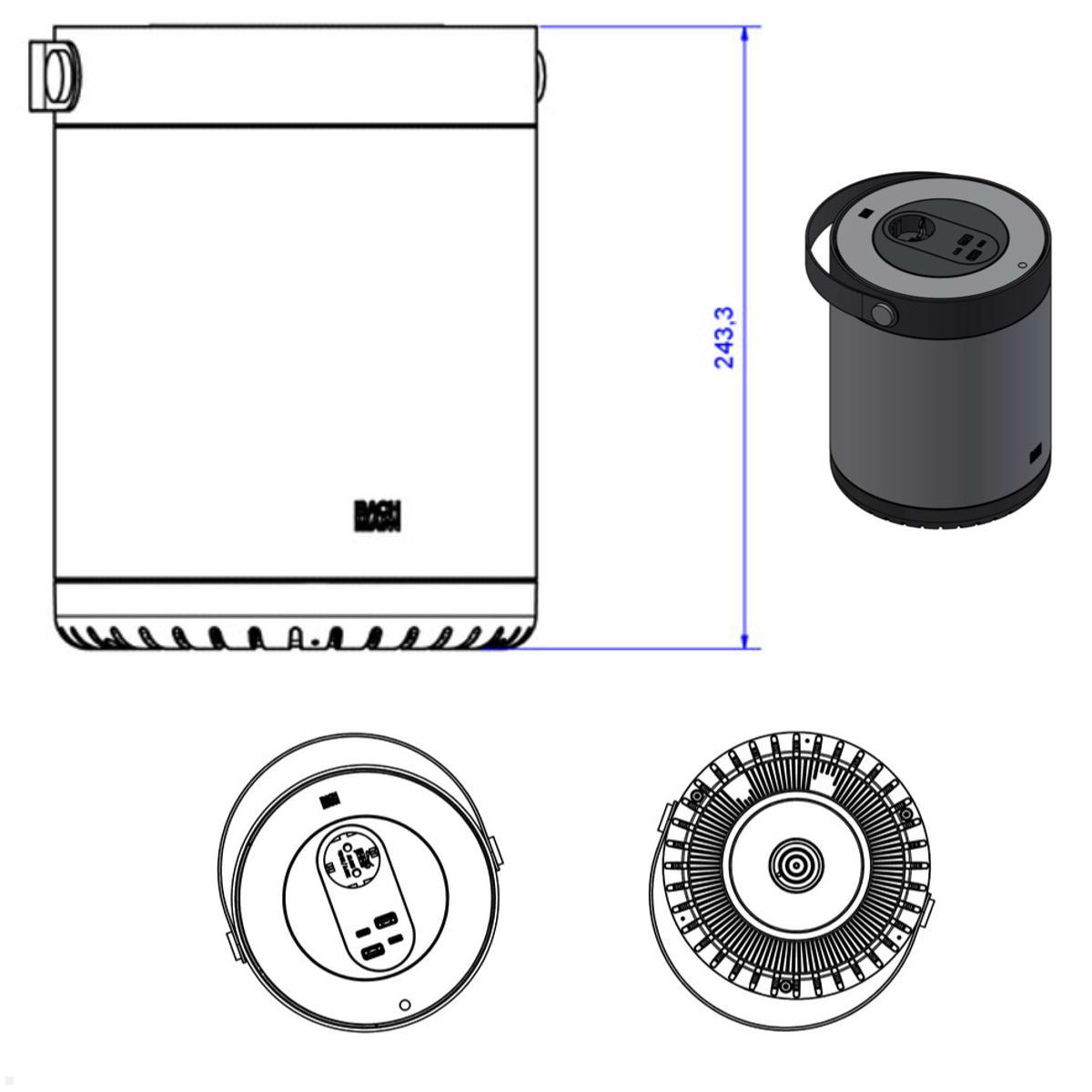 Bachmann MOV:E mit 1x CEE7/3 2x USB-C 60W 2x USB-A 15W schwarz BM0010903 Zeichnung mit Maßen
