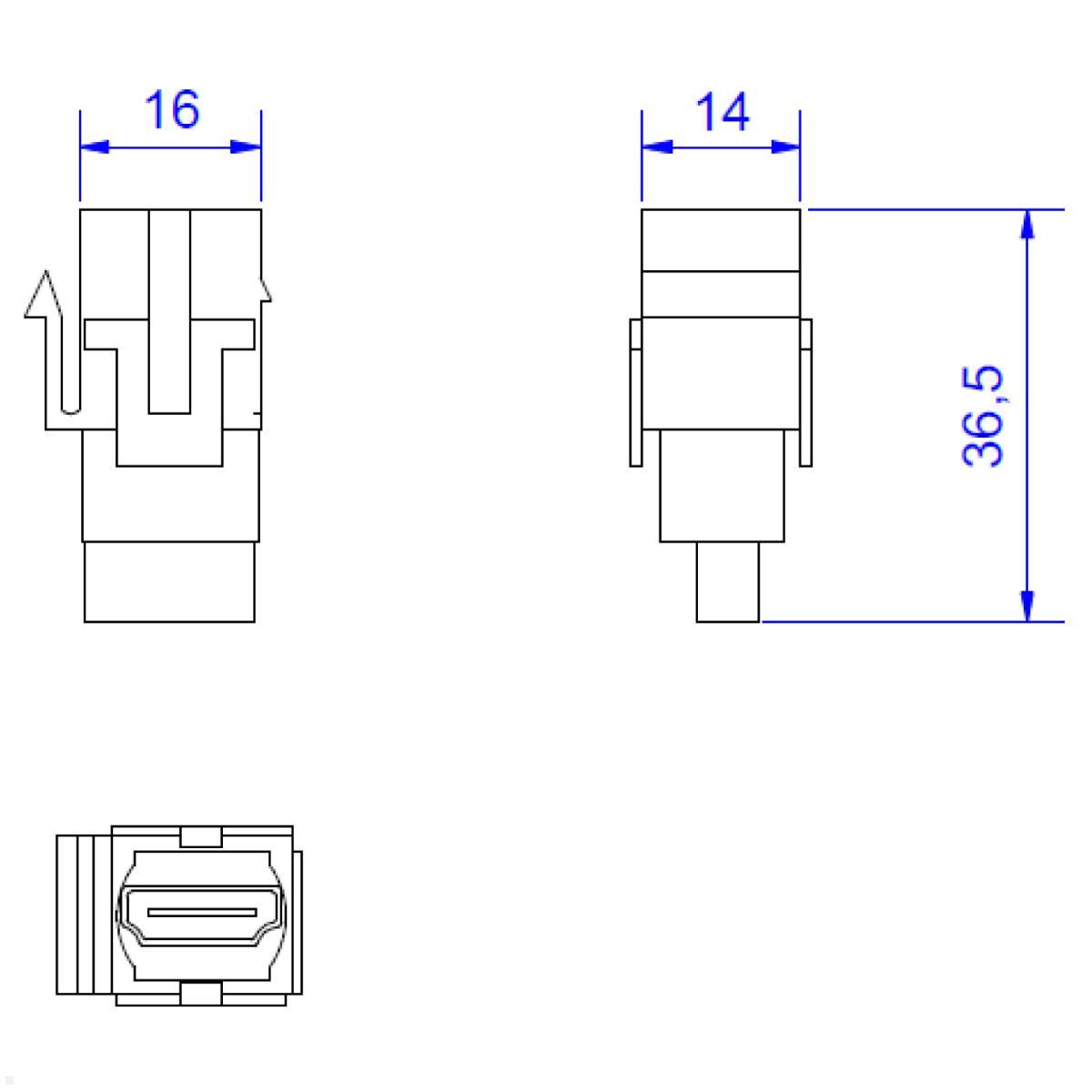 Bachmann UNIVERSAL Steckdosenleiste 3x Steckdose 1x CAT6A 1x HDMI (922.0111HC), technische Zeichnung HDMI Keystone Bachmann UNIVERSAL Steckdosenleiste 3x Steckdose 1x CAT6A 1x HDMI (922.0111HC), technische Zeichnung HDMI Keystone