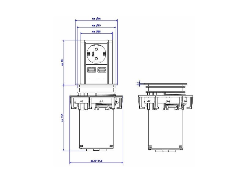 Bachmann ELEVATOR 1x Steckdose 2x USB Charger (928.017) Maße Bachmann ELEVATOR 1x Steckdose 2x USB Charger (928.017) Maße