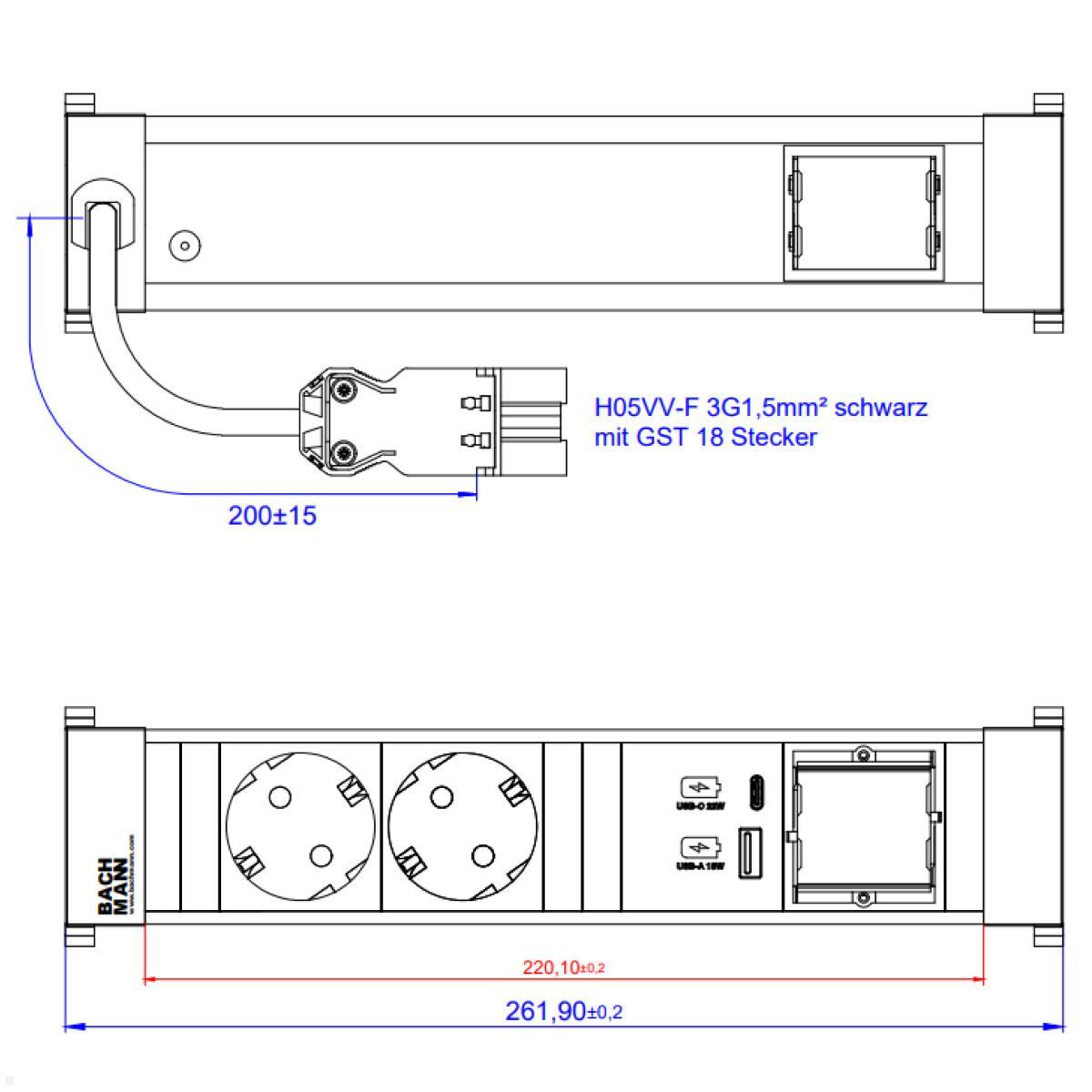 Bachmann Power Frame 4-fach 2x Steckdose 1x USB-Charger A/C 1x CM (916.504), technische Zeichnung Bachmann Power Frame 4-fach 2x Steckdose 1x USB-Charger A/C 1x CM (916.504), technische Zeichnung