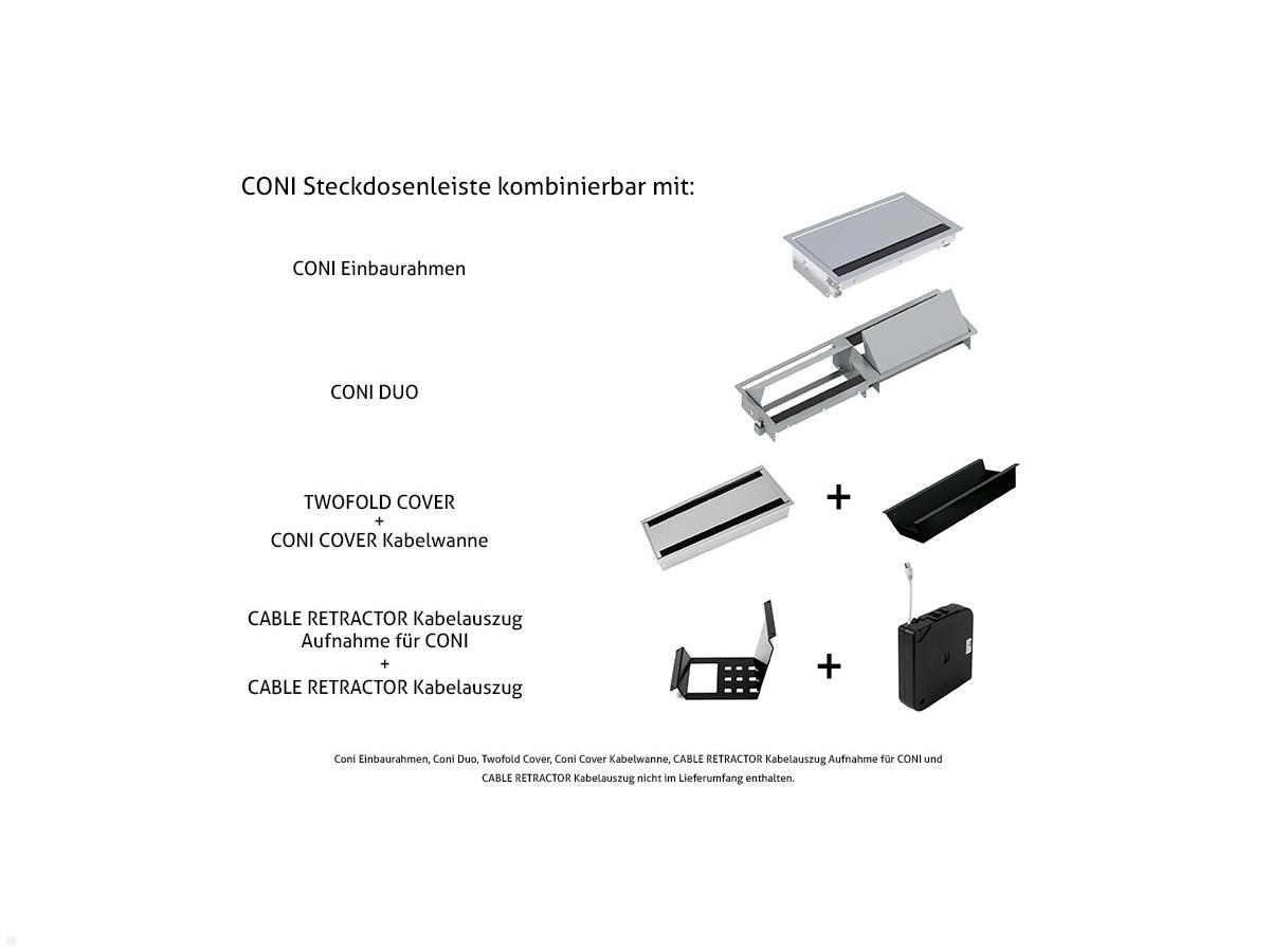 Bachmann CONI 3-fach Modulträger, 1x Steckdose, 1x USB-A/C Charger, 1x CM (912.167), Kombinationsmöglichkeiten Bachmann CONI 3-fach Modulträger, 1x Steckdose, 1x USB-A/C Charger, 1x CM (912.167), Kombinationsmöglichkeiten