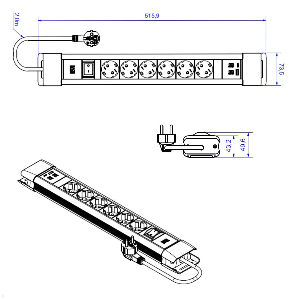 Bachmann CONNECTUS 6x Steckdose CEE7/3, 1x USB A/C, 1x Schalter, schwarz (BM005922) Maße