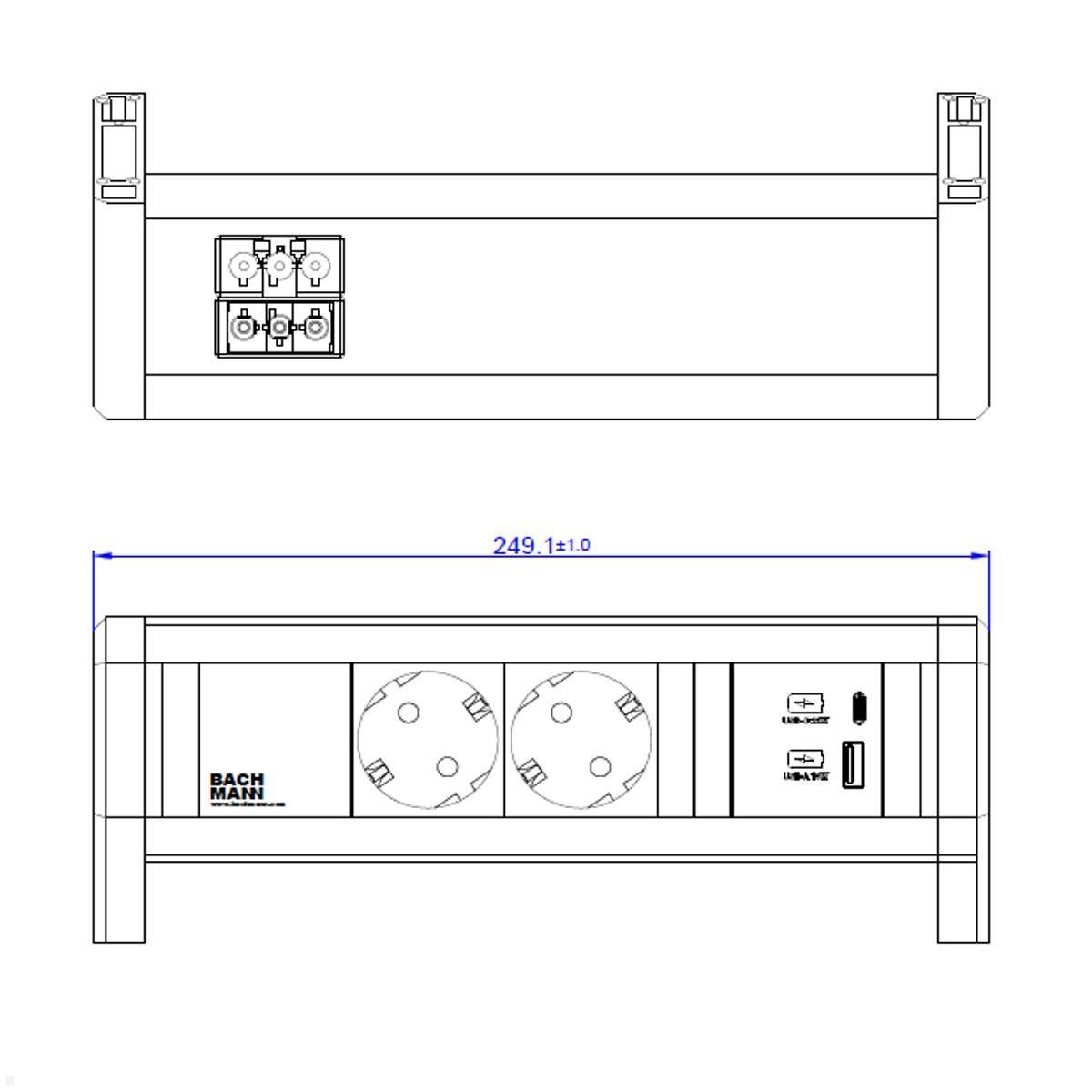 Bachmann DESK 1 2x Steckdose mit USB-Charger A/C (902.0811), Zeichnung Maße Bachmann DESK 1 2x Steckdose mit USB-Charger A/C (902.0811), Zeichnung Maße