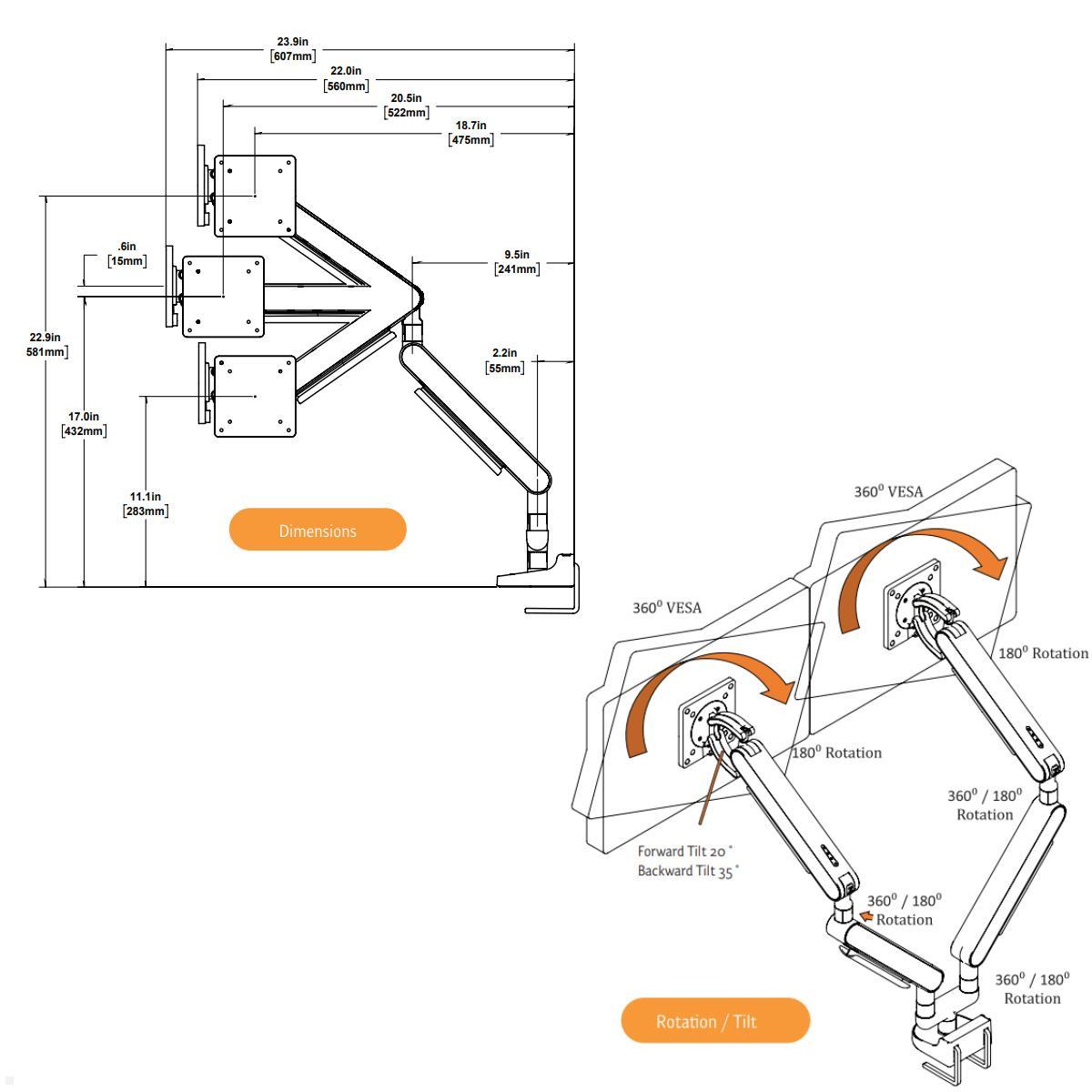 Bachmann ZG2 Dual Monitor Tischhalterung mit Tischklemme, schwarz (BM0013678), technische Zeichnung
