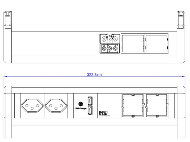 Bachmann DESK 1 2x Steckdose CH, 1x USB Charger, 2x Custom Modul (902.0161) Zeichnung Bachmann DESK 1 2x Steckdose CH, 1x USB Charger, 2x Custom Modul (902.0161) Zeichnung